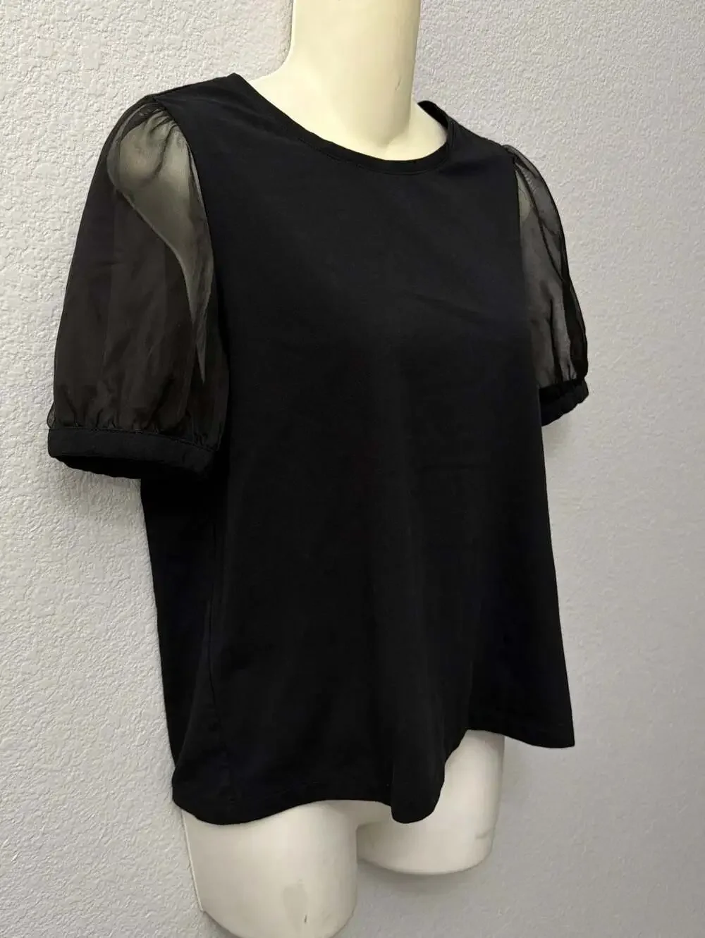 Madewell Sheer Puff Mesh Sleeve Crew Neck Knit Top